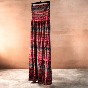 Hollister Pink Multicolor Boho Patterned Maxi  Strapless Dress with Slit Y2K M